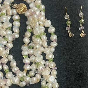 Triple strand Pearl and gem necklace 14k ball clasp